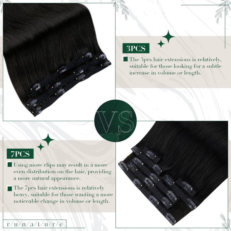 RUNATURE Clip in Hair Extensions Real Human Hair Black, Natural Hair Clip in Extensions for Women, Double Weft Black Hair Extensions 16 Inch 50g 3pcs #1B - Image 5
